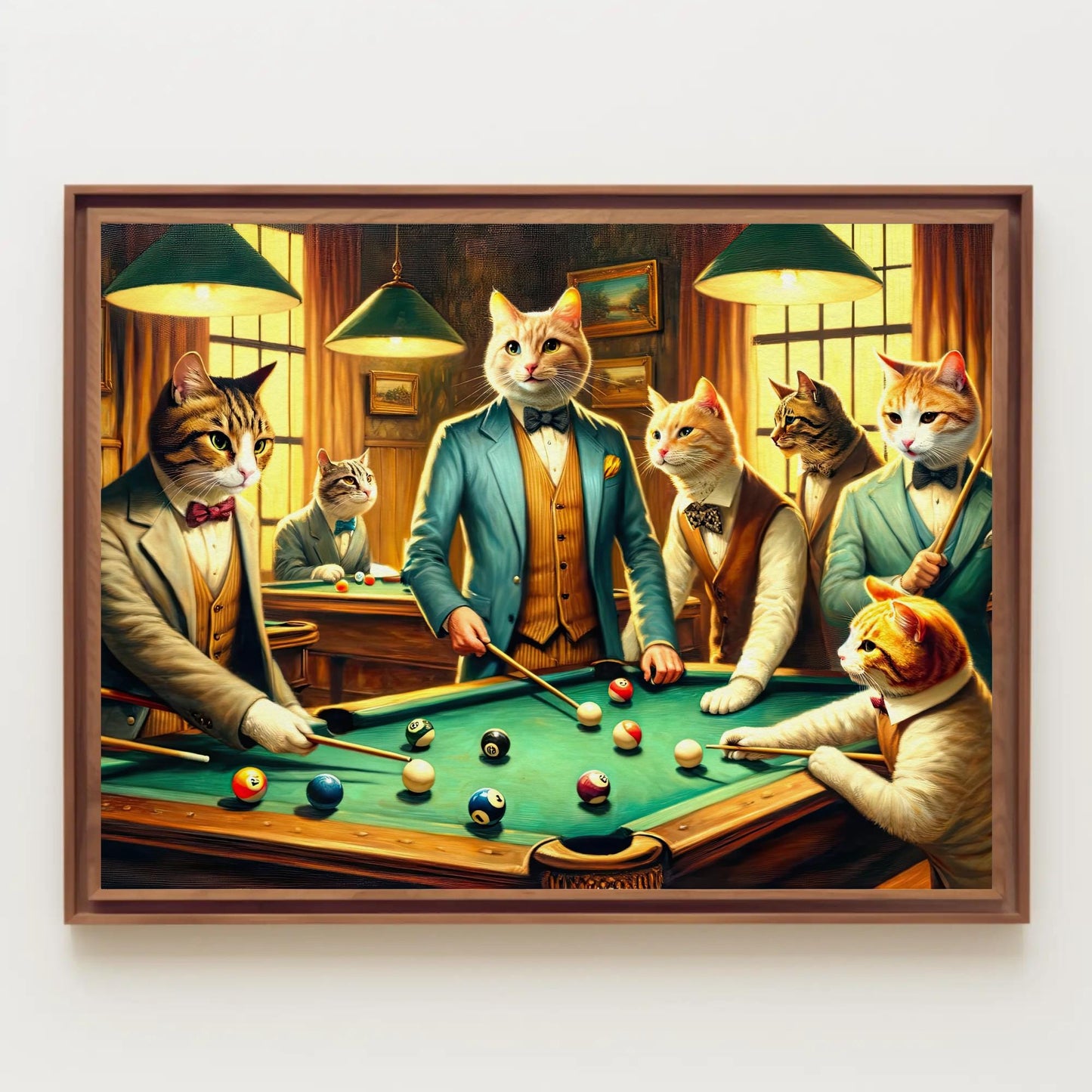 Cats Playing Pool Art – Funny Man Cave Wall Decor | Framed Canvas Print - Antarmada