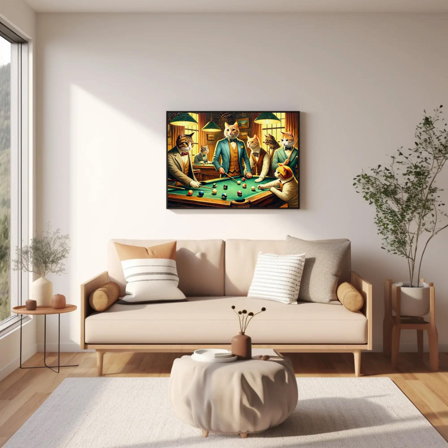 Cats Playing Pool Art – Funny Man Cave Wall Decor | Framed Canvas Print - Antarmada