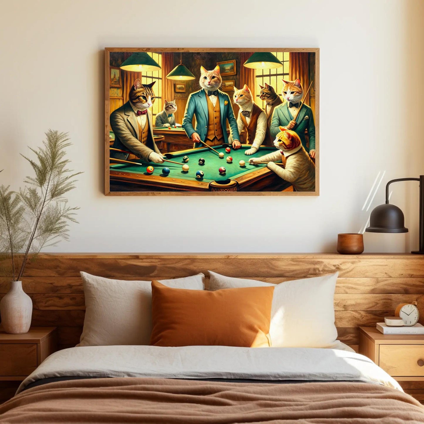 Cats Playing Pool Art – Funny Man Cave Wall Decor | Framed Canvas Print - Antarmada