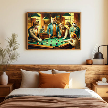 Cats Playing Pool Art – Funny Man Cave Wall Decor | Framed Canvas Print - Antarmada