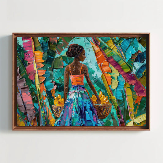 a painting of a woman holding a basket of bananas