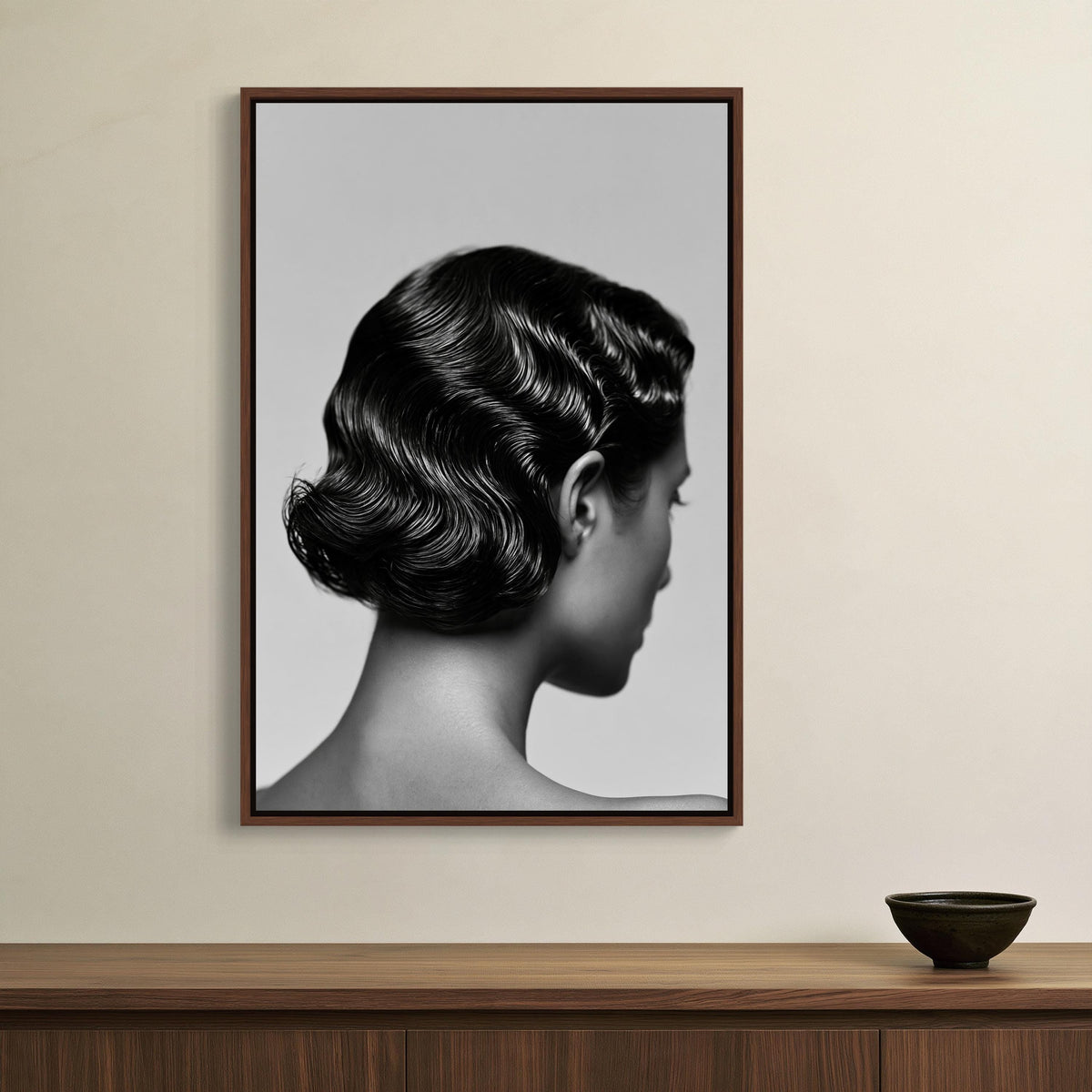 Finger wave hairstyle canvas wall art, black and white portrait of a woman with wavy hair, displayed on a wall above a