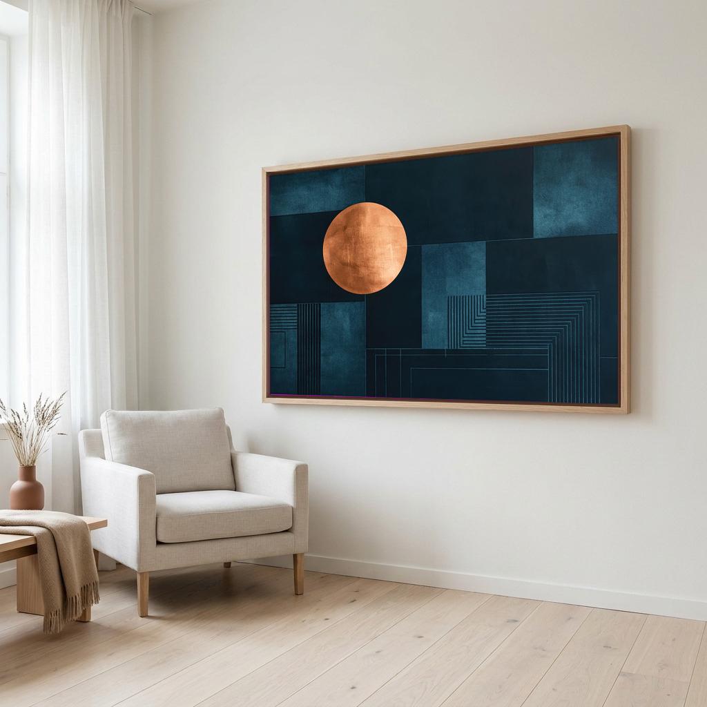 a large abstract painting hanging on a white wall, with a minimalist white chair and a wooden coffee table in the foreground.
