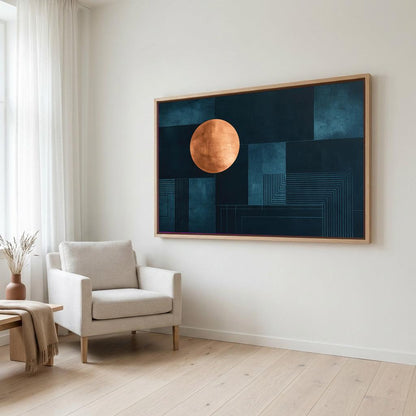 a large abstract painting hanging on a white wall, with a minimalist white chair and a wooden coffee table in the foreground.