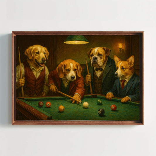 a painting of a group of dogs playing pool