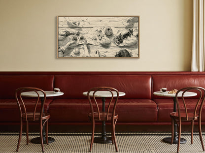 Dinner party table sketch canvas wall art, cozy restaurant setting with a red leather couch, three round tables with white