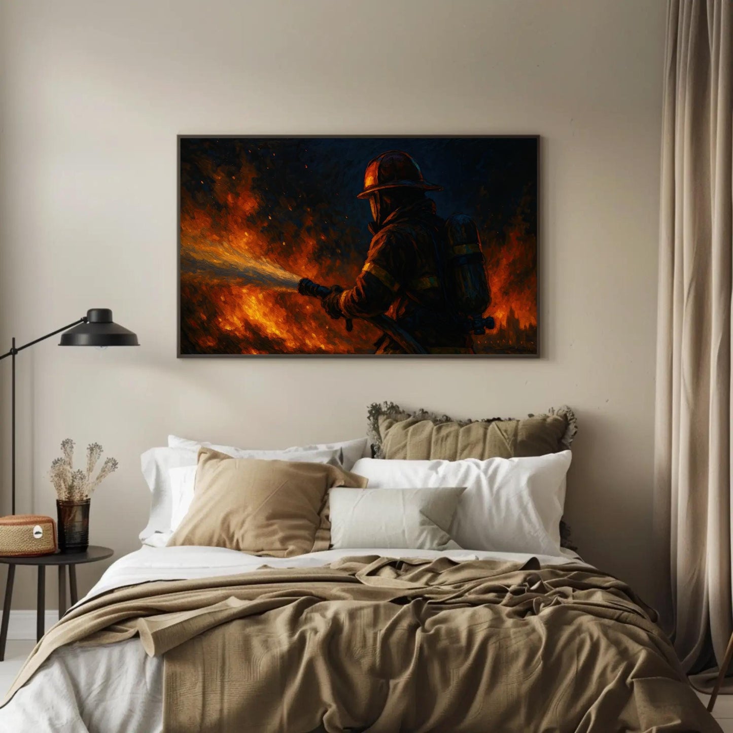 Firefighter canvas wall art shown in a styled room
