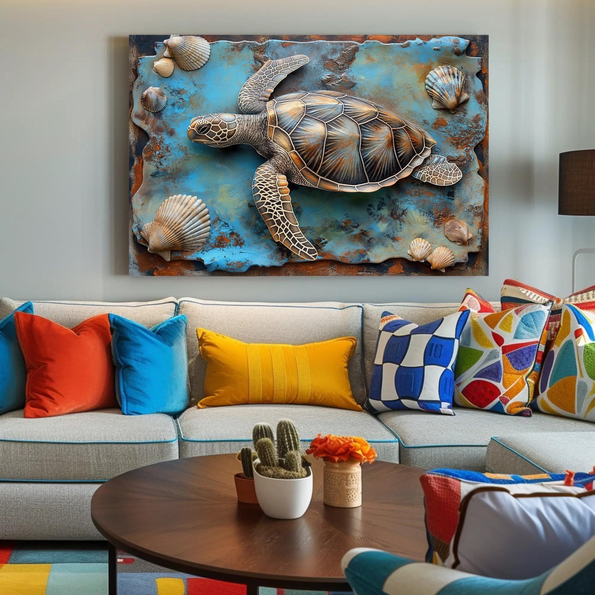 3D Sea Turtle Art canvas wall art shown in a living room (view 3)