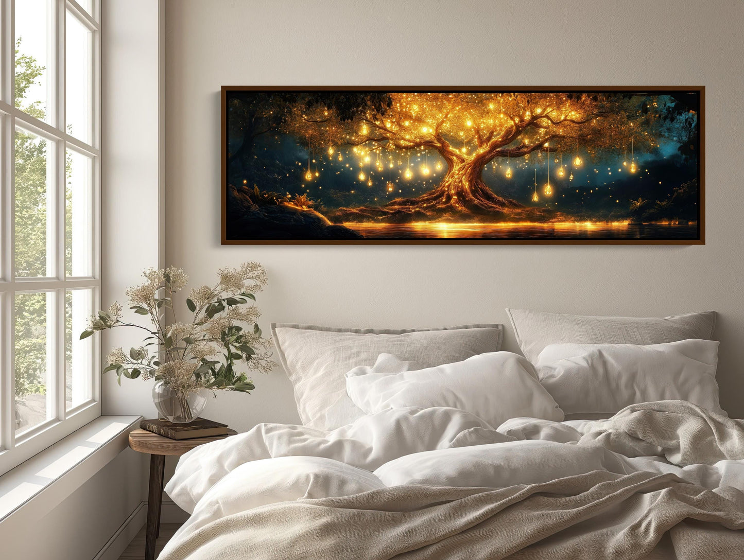Glowing Tree , Magical Fantasy Forest canvas wall art shown above a bed