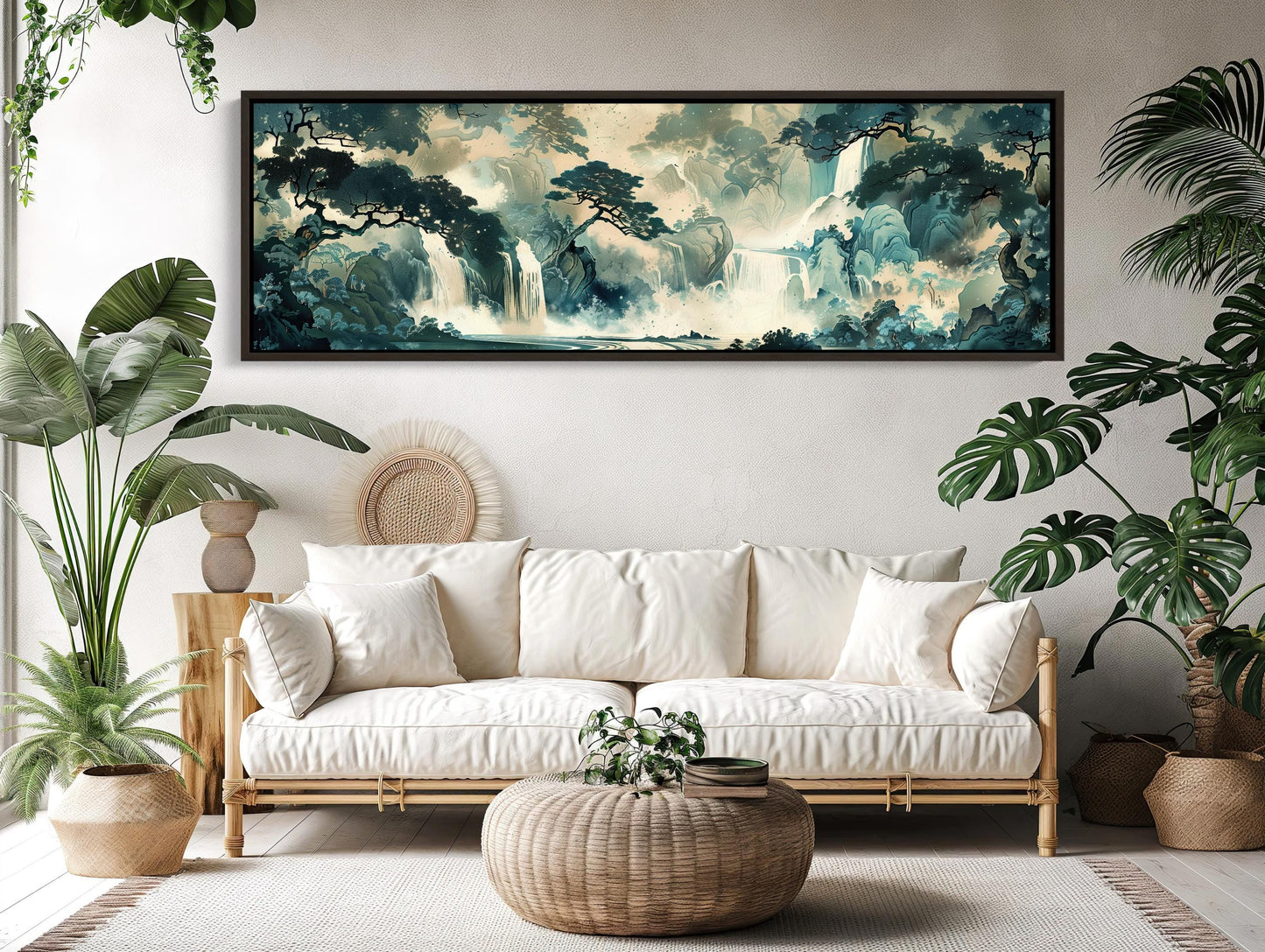 Japanese Waterfall , Ukiyo-e Panoramic canvas wall art shown in a living room