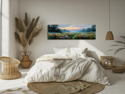 a serene bedroom scene with a large bed, a painting of a field with flowers, and various decorative elements such as a potted plant and woven baskets.
