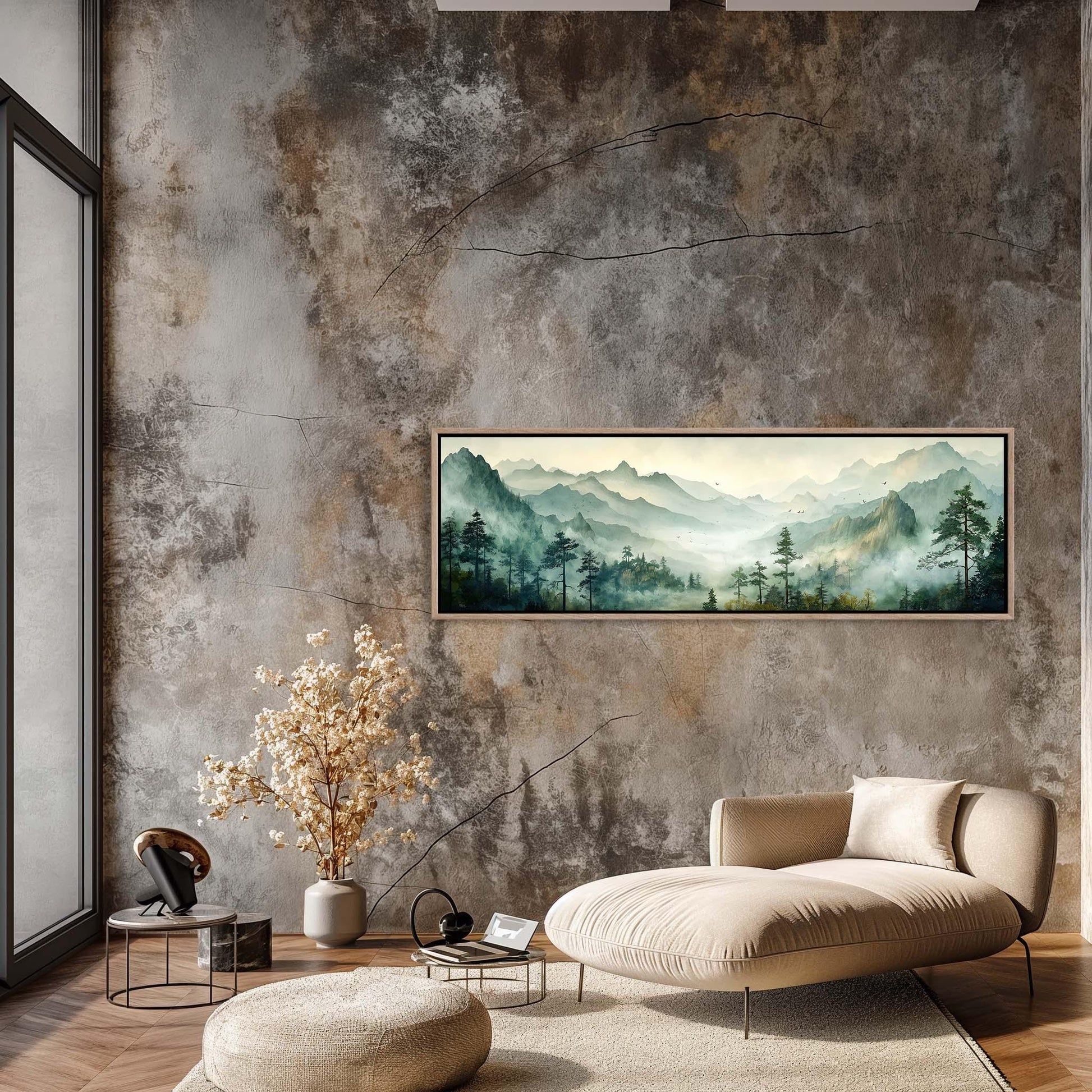 Watercolor Mountain , Green Forest Bedroom cottagecore canvas wall art, ready to hang