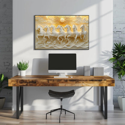 a wooden desk with a computer monitor, keyboard, and mouse, along with a black chair. Above the desk, there is a large framed artwork depicting a group of white horses running across a golden landscape.