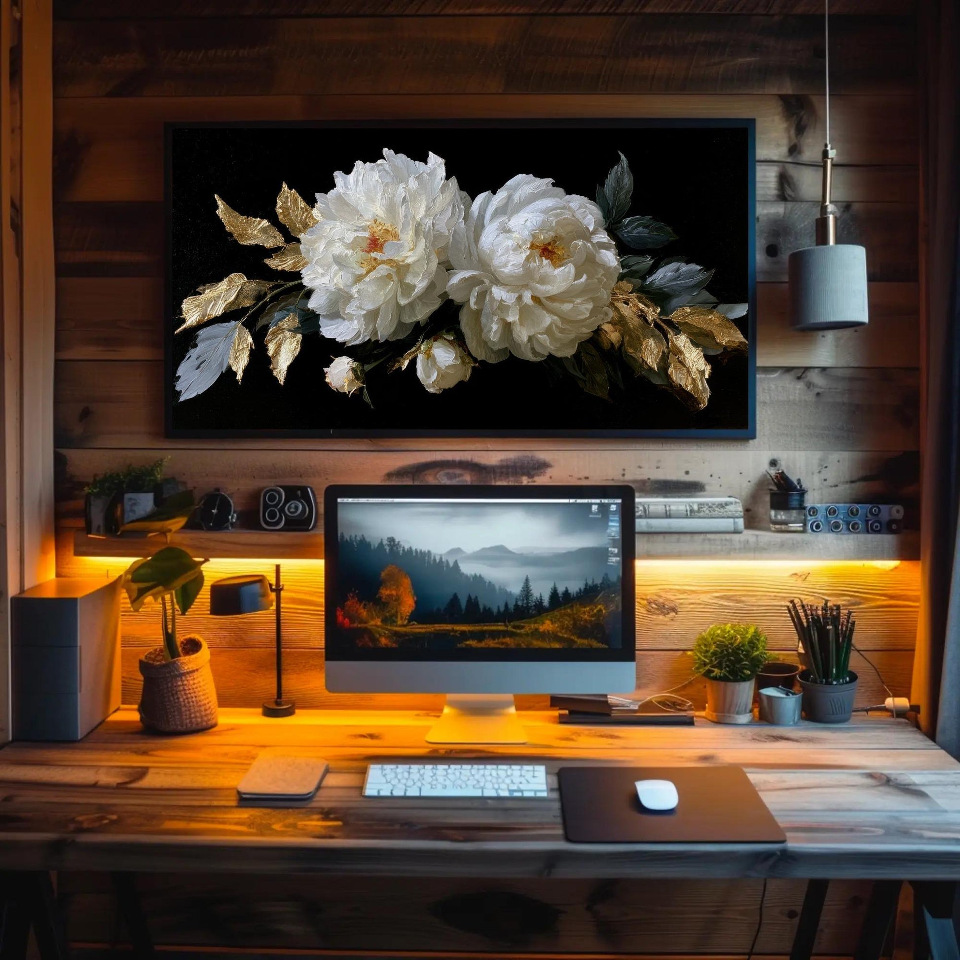 Baroque White Peony canvas wall art shown in a home office