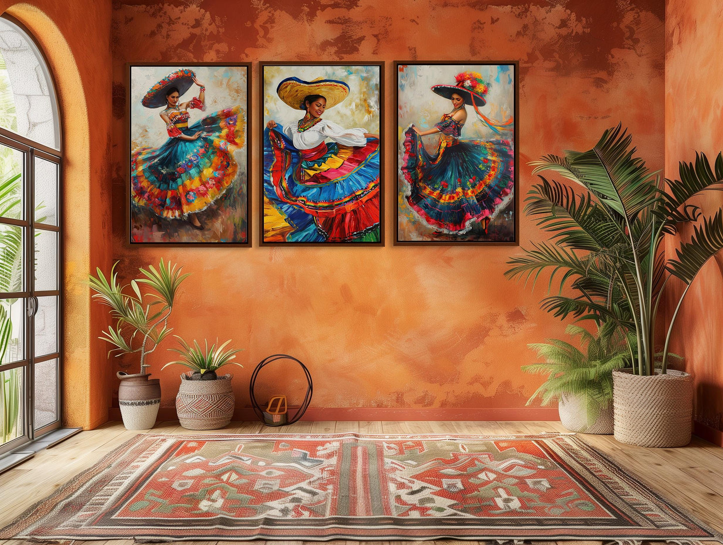 Mexican Folk Dance canvas wall art shown in a styled room