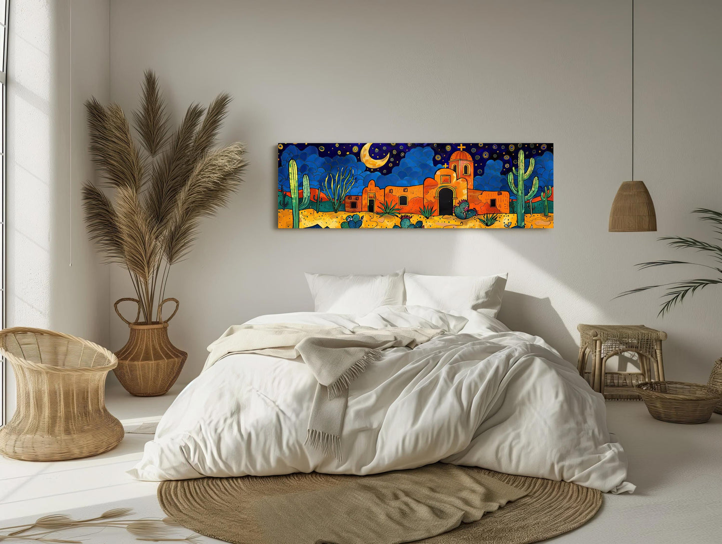 Mexican Desert , Southwest Saguaro canvas wall art shown in a bedroom