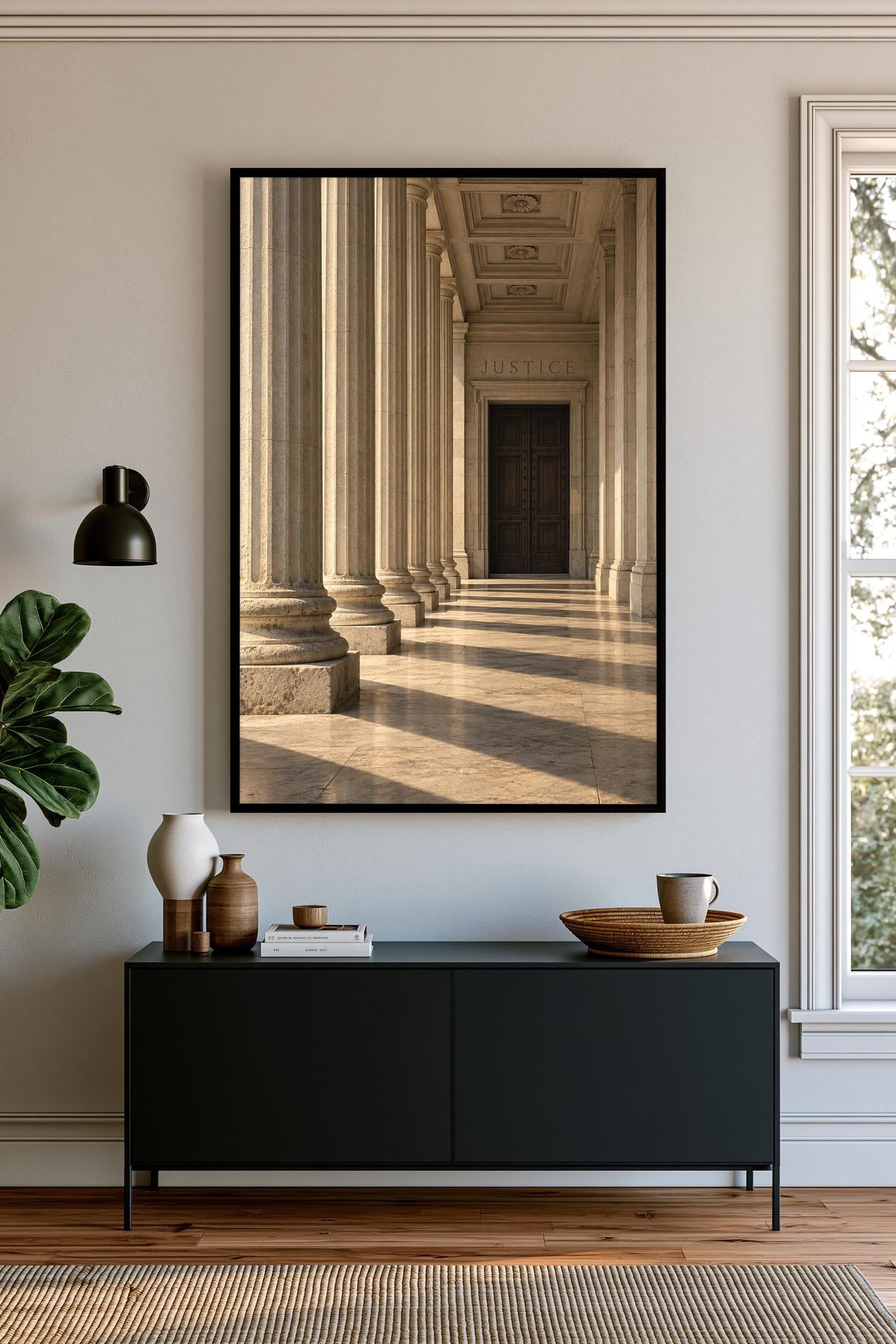 a large framed photograph of a classical architectural hallway with columns, hanging on a wall above a black console table with decorative items on it.