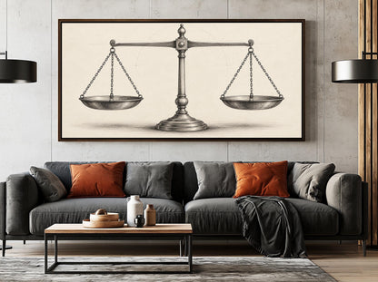 Scales of justice sketch canvas wall art, large, framed drawing of a balance scale on a wall above a gray couch with orange