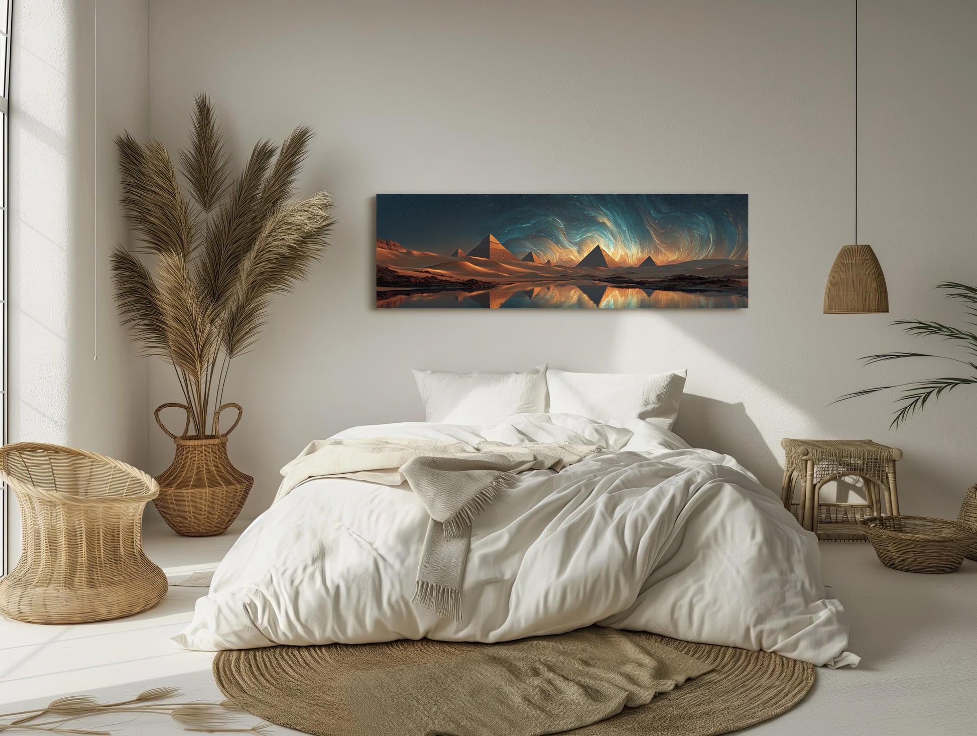 Egyptian Pyramids canvas wall art shown in a bedroom