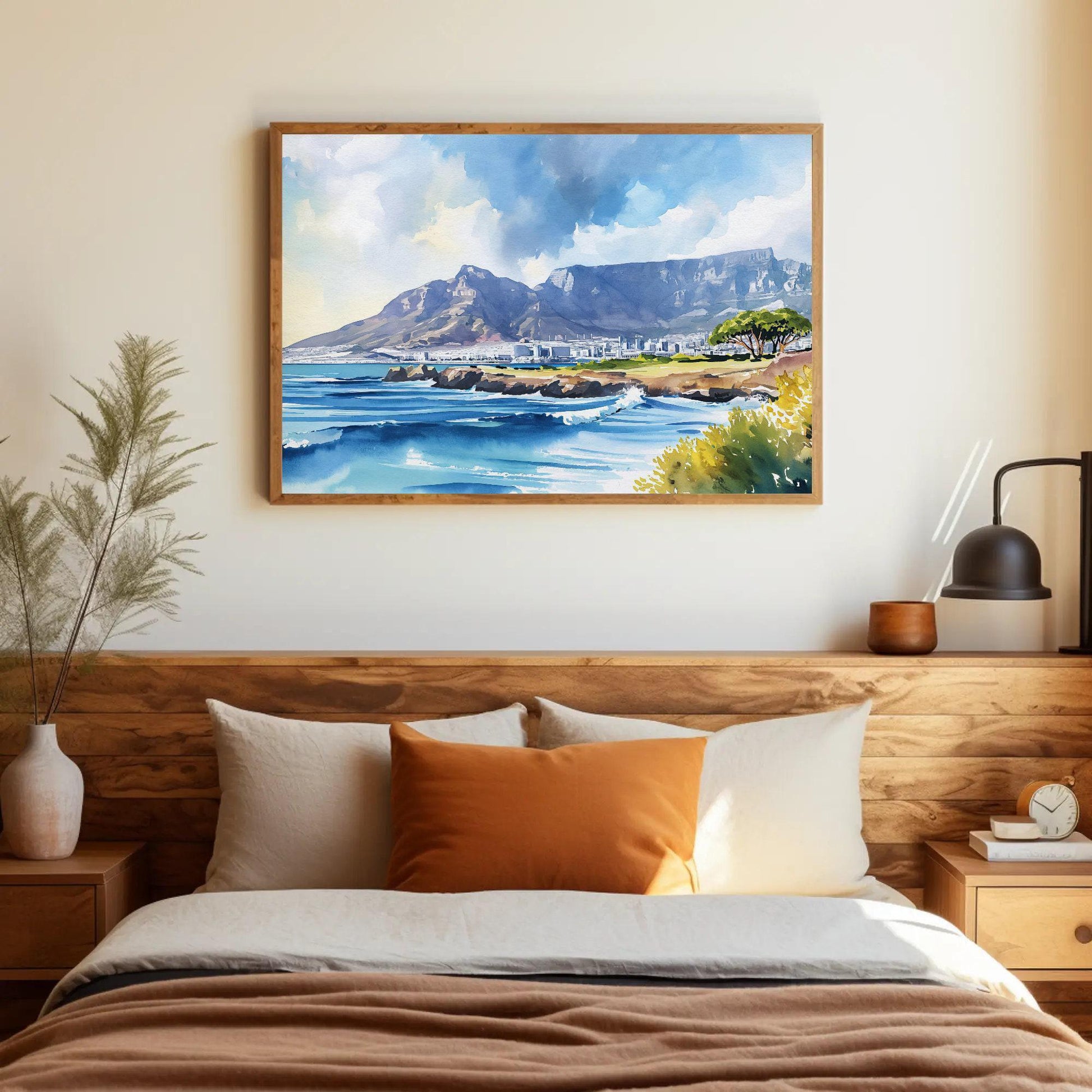 Table Mountain canvas wall art shown in a bedroom