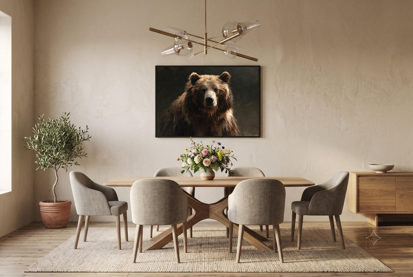 a dining room with a wooden table and six upholstered chairs. Above the table, there is a large painting of a bear on the wall. The room has a neutral color scheme with beige walls and a wooden floor. There is also a potted plant and a vase of flowers on the table, adding a touch of nature to the space.
