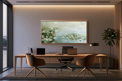 a modern and minimalist office space with a large window overlooking a body of water, a wooden desk with a laptop and other office supplies, and a framed painting of water lilies hanging on the wall.