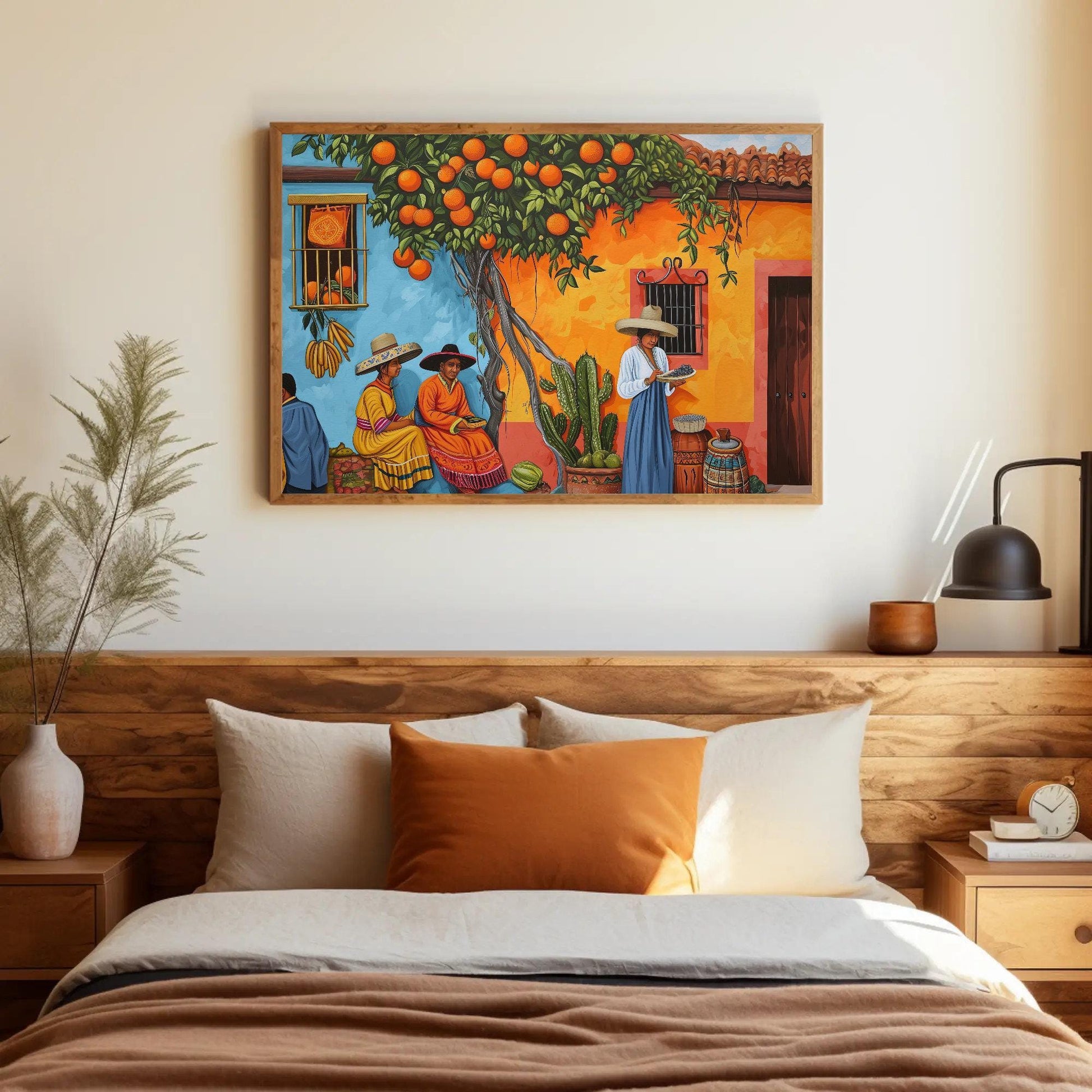 Traditional Mexican , Vibrant Folk canvas wall art shown above a bed