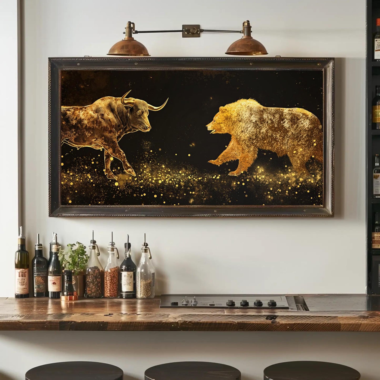 Bull Vs Bear canvas wall art shown in a styled room (view 2)