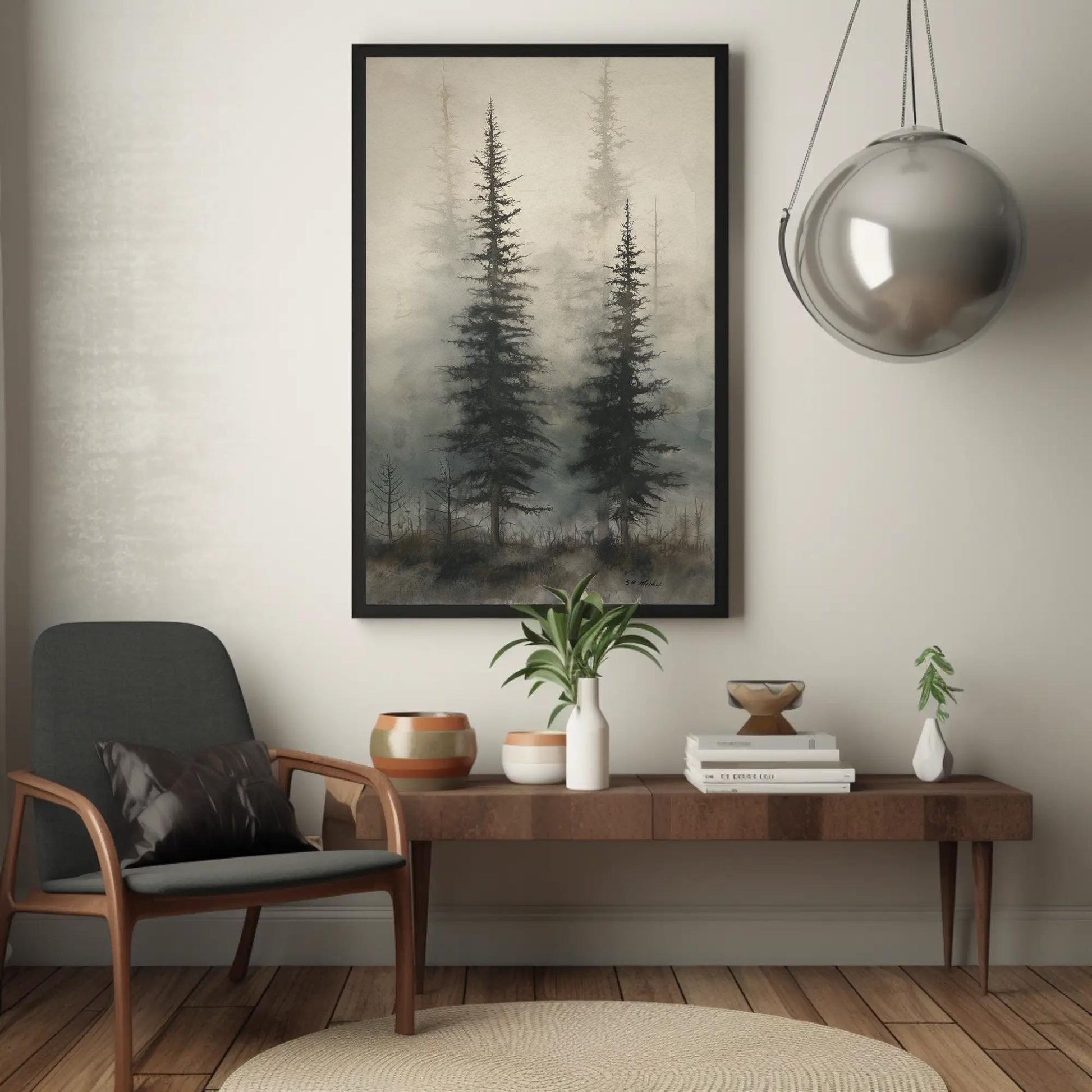 Foggy Pine Forest , Misty Woodland canvas wall art shown in a living room (view 2)