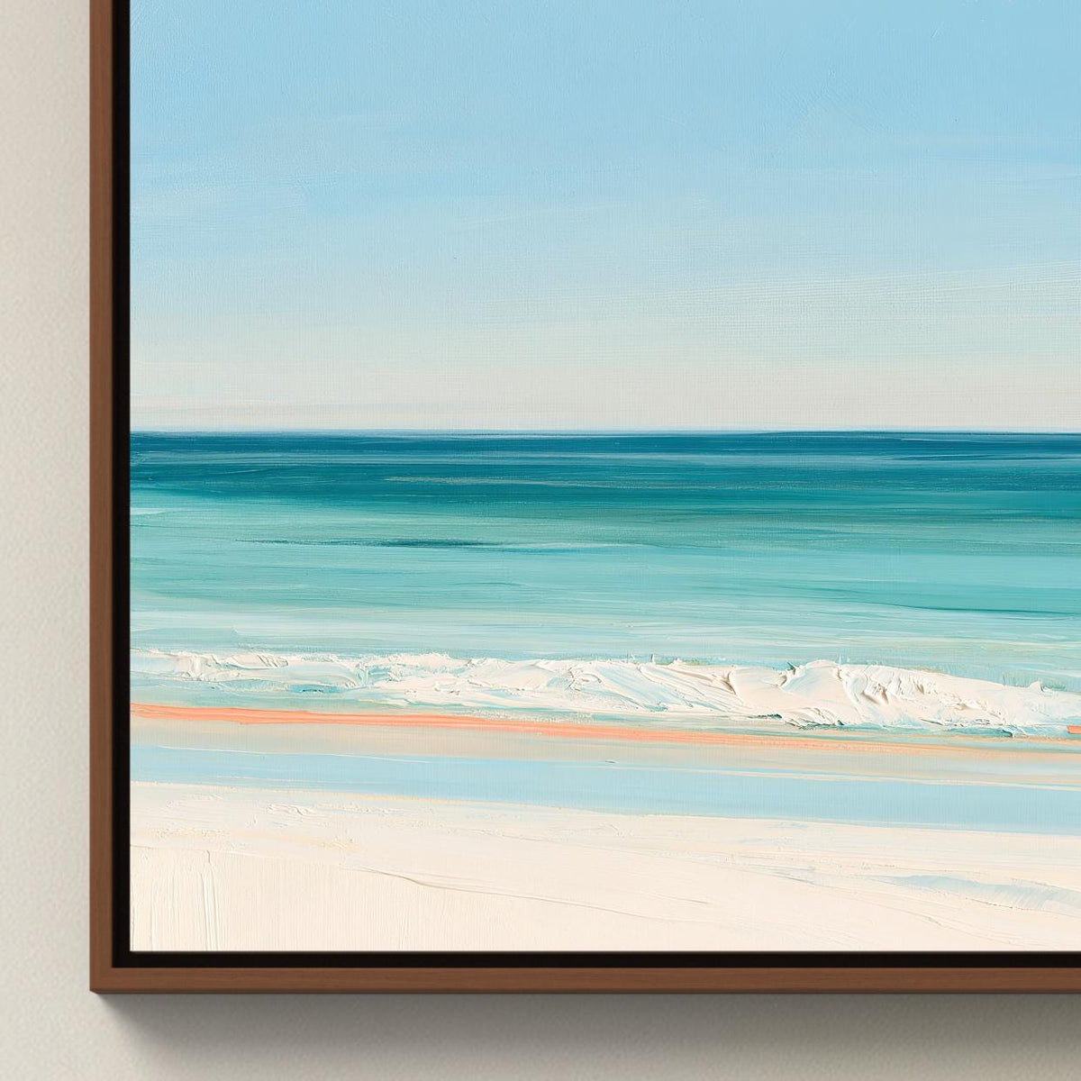 Turquoise ocean beach canvas wall art, image is a framed painting depicting a serene beach scene with a vast ocean and a