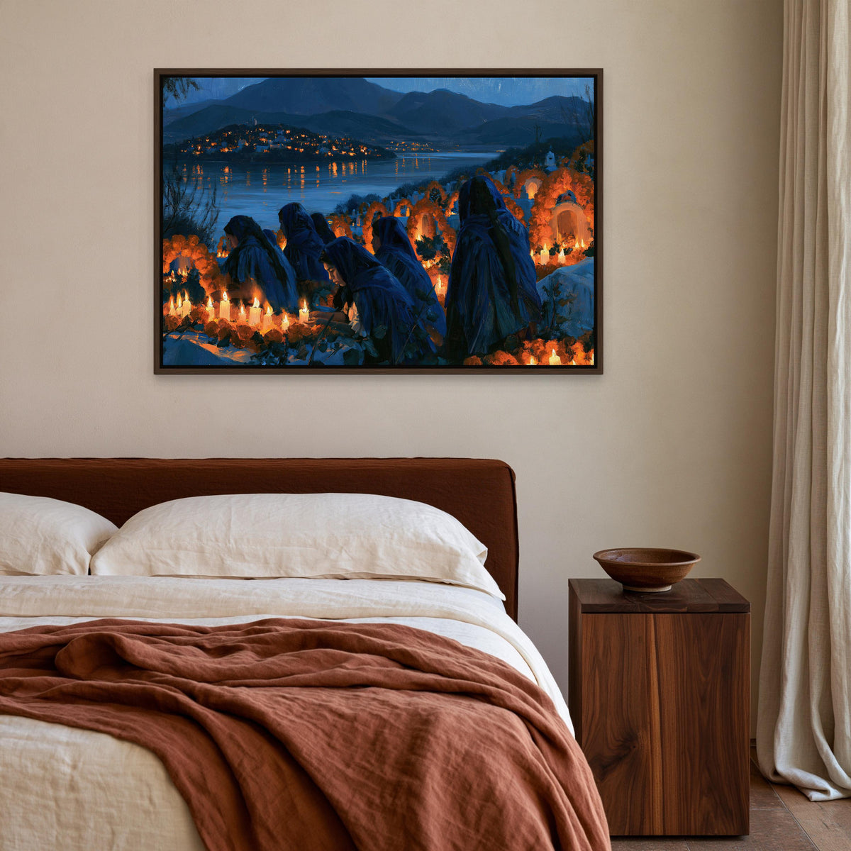 Day of the Dead candlelit vigil canvas wall art, bedroom with a large framed painting of a nighttime landscape hanging on