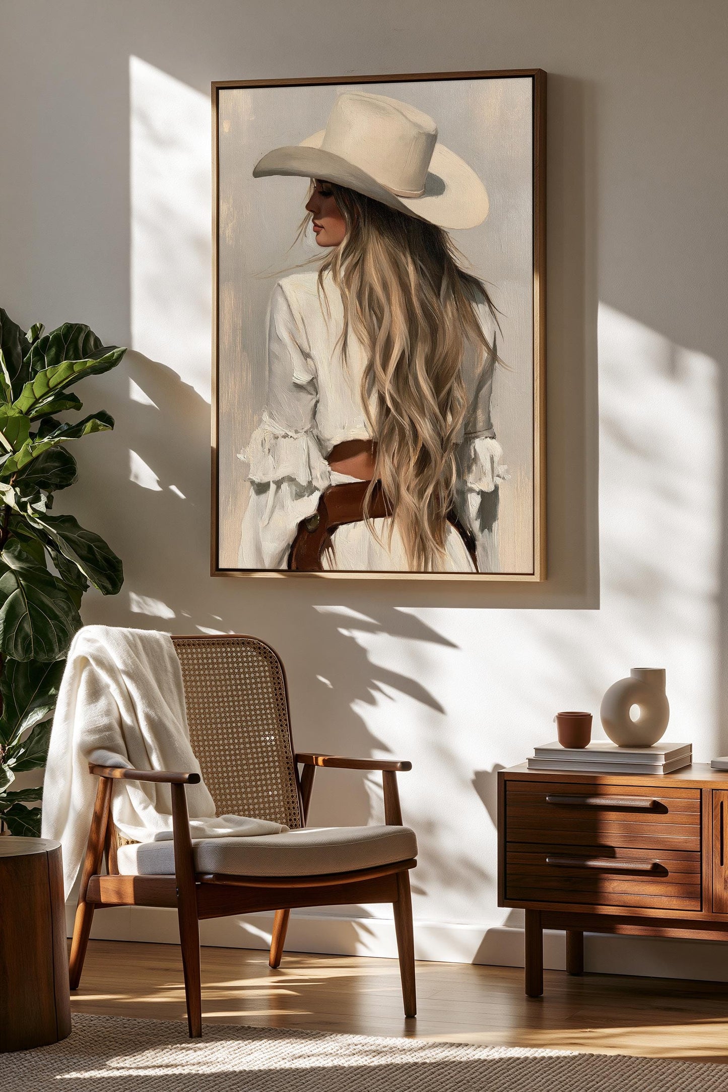 a woman wearing a white hat and a white dress, standing in a room with a wooden chair and a wooden dresser.
