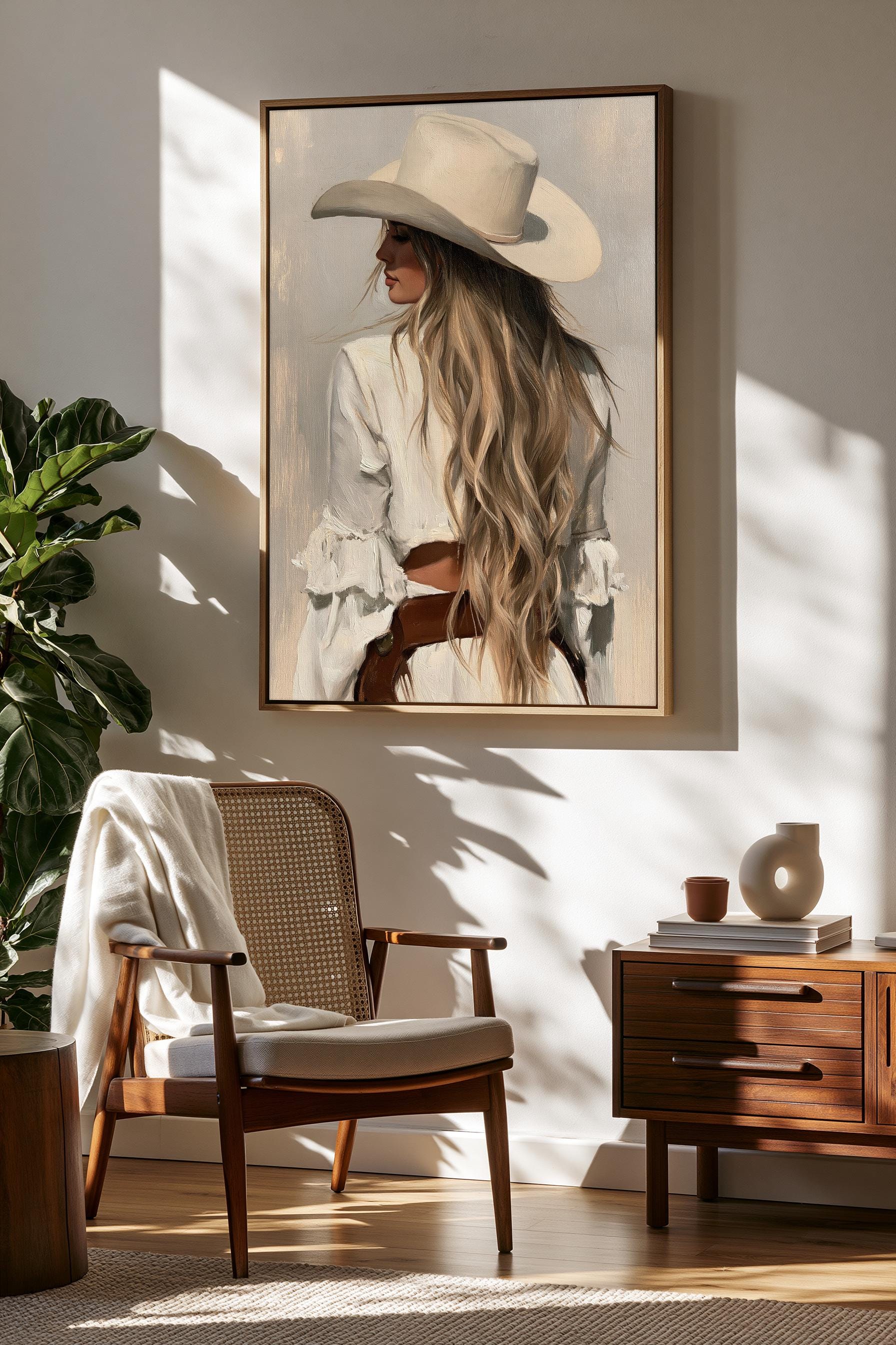 a woman wearing a white hat and a white dress, standing in a room with a wooden chair and a wooden dresser.
