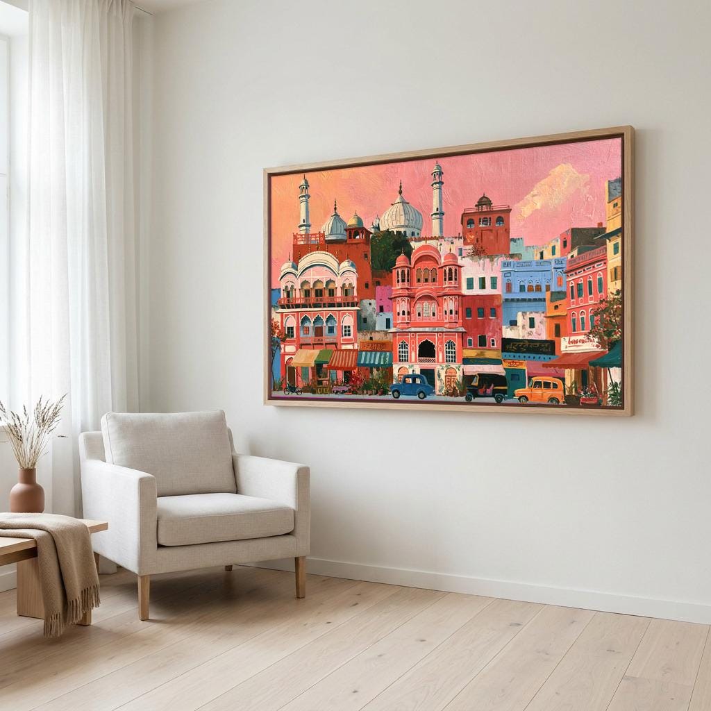 a large, colorful painting of a cityscape hanging on a white wall in a living room.