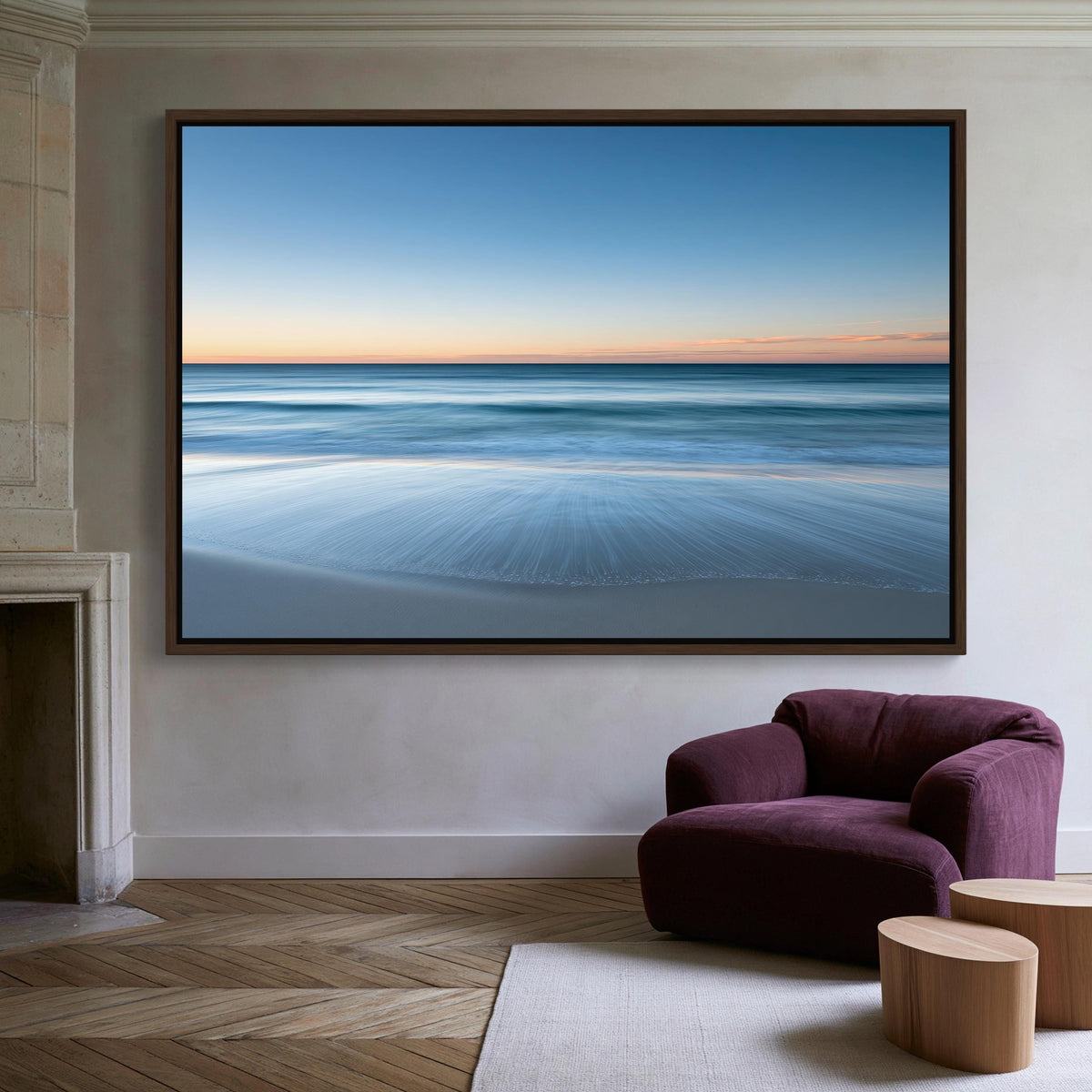 Ocean horizon at dusk canvas wall art, large framed picture of a serene beach scene with a calm ocean and a clear sky