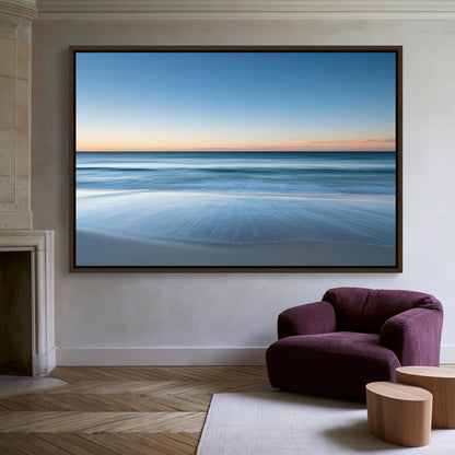Ocean horizon at dusk canvas wall art, large framed picture of a serene beach scene with a calm ocean and a clear sky