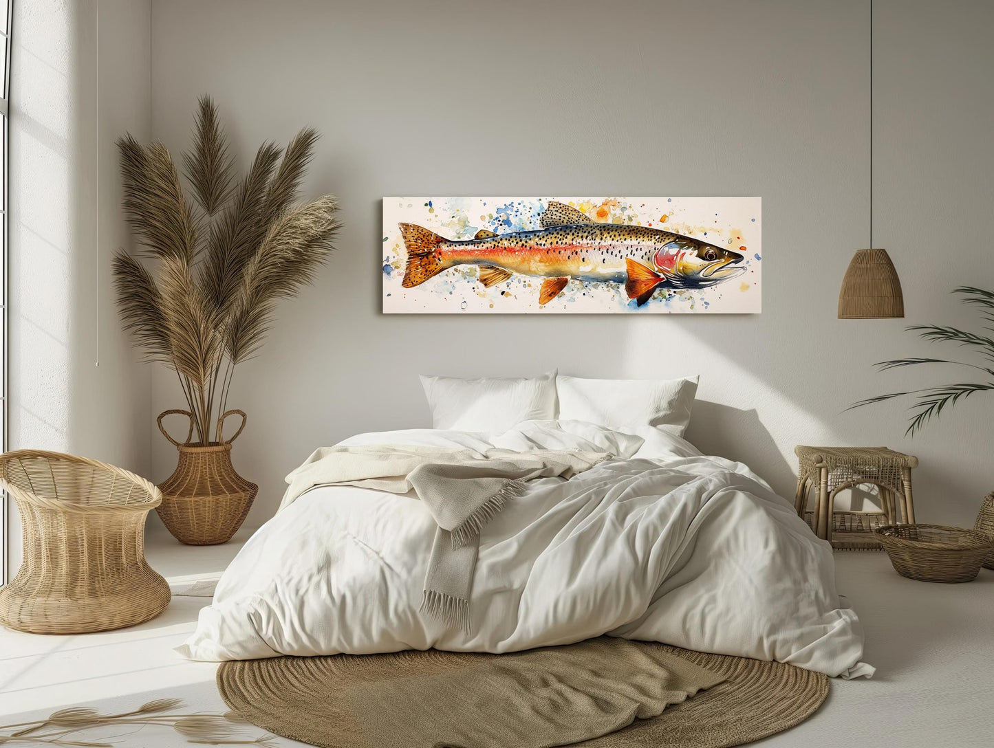 Rainbow Trout , Watercolor Fishing Cabin canvas wall art shown above a bed (view 2)