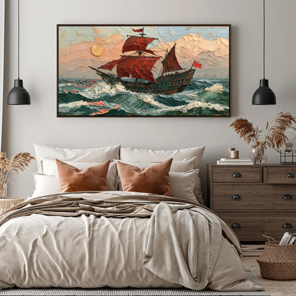 a large painting of a sailing ship on the ocean, hanging on a wall above a bed with white pillows and a gray comforter.
