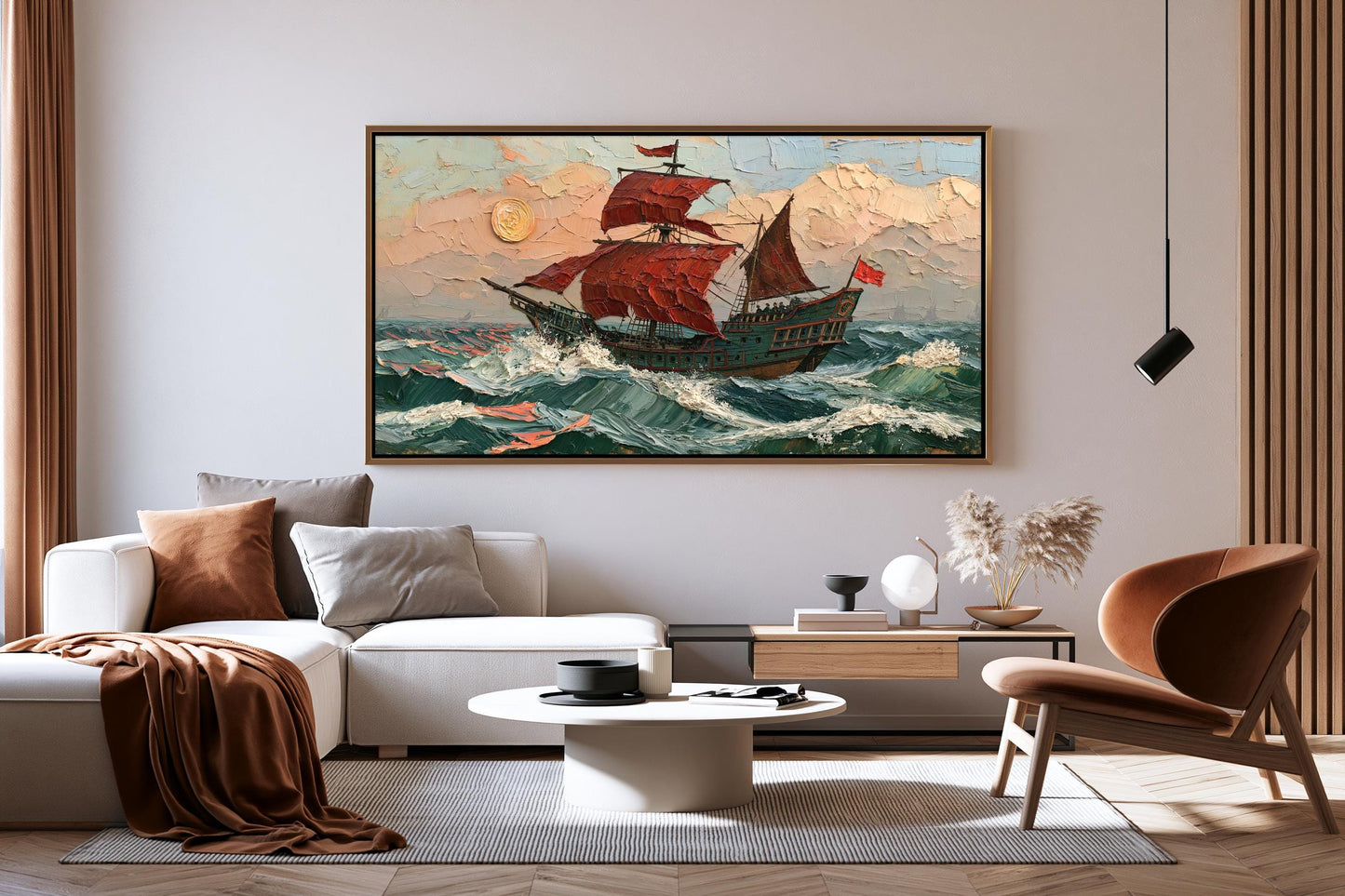 a large painting of a ship sailing on the ocean, hanging on a wall above a modern living room with a white sofa, a coffee table, and a brown armchair.