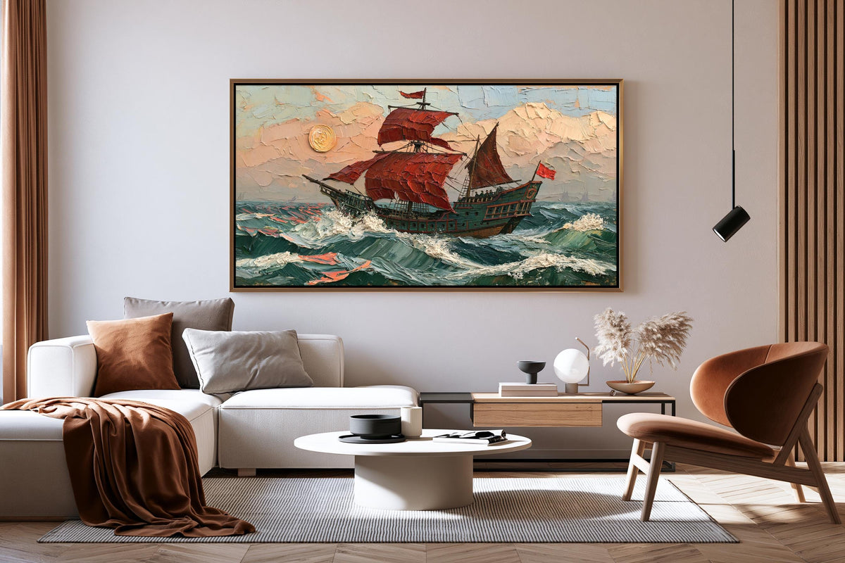 a large painting of a ship sailing on the ocean, hanging on a wall above a modern living room with a white sofa, a coffee table, and a brown armchair.