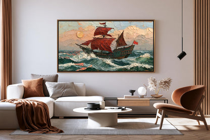 a large painting of a ship sailing on the ocean, hanging on a wall above a modern living room with a white sofa, a coffee table, and a brown armchair.