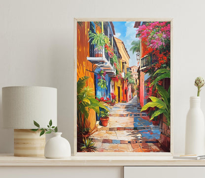 Cartagena Street , Vibrant Colombian art deco canvas wall art, ready to hang
