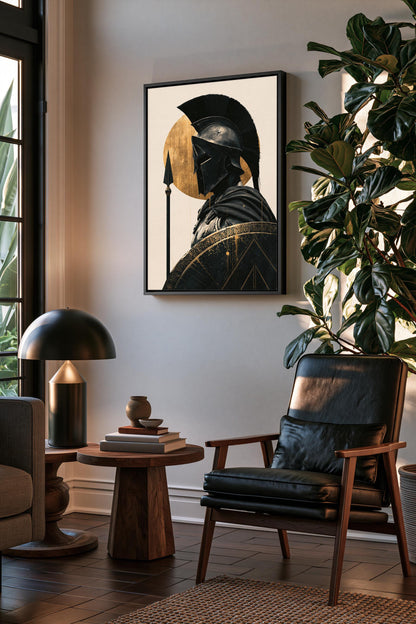 Spartan warrior in gold canvas wall art, living room with a framed artwork of a person in a helmet on the wall, a wooden