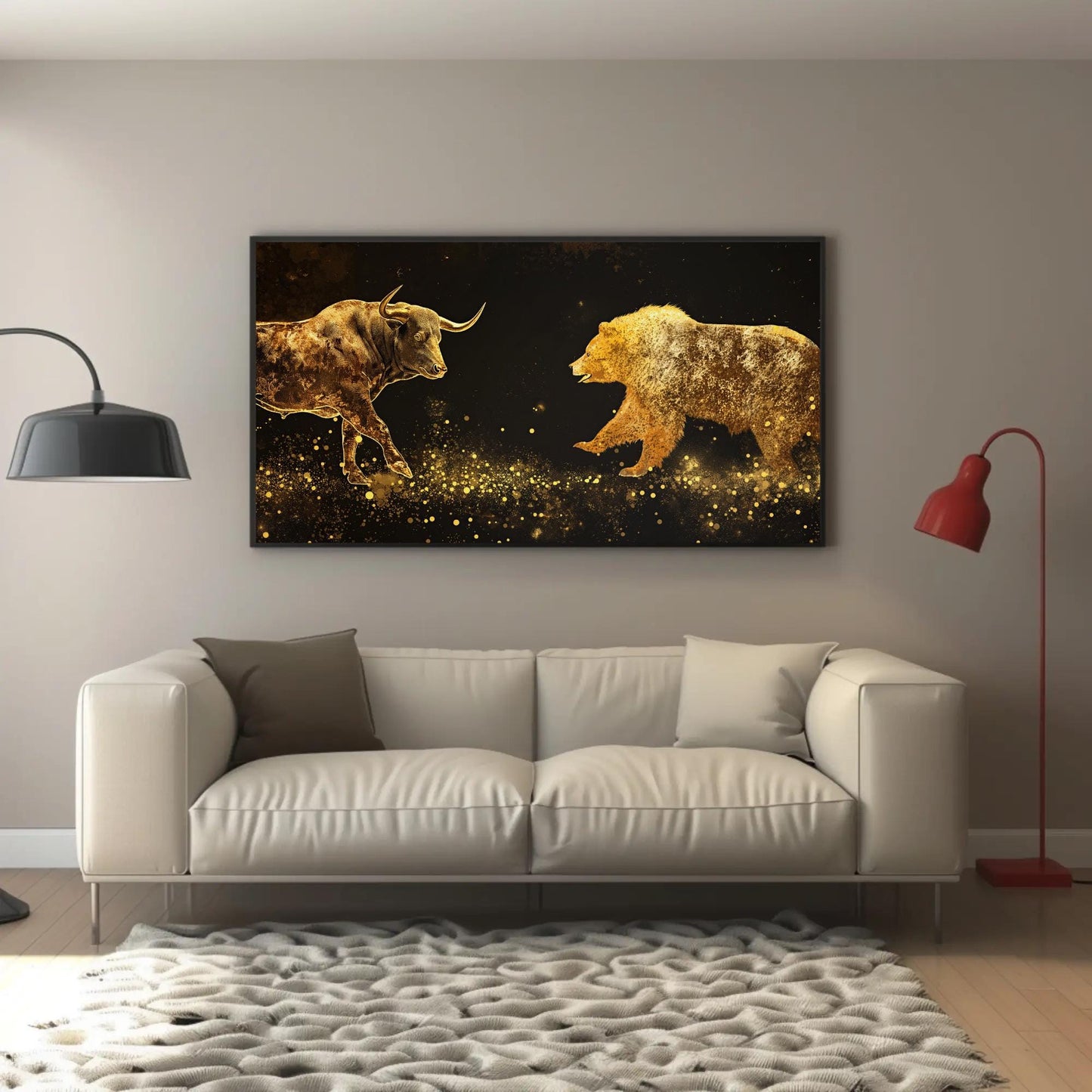 Bull Vs Bear canvas wall art shown in a living room