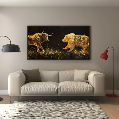 Bull Vs Bear canvas wall art shown in a living room