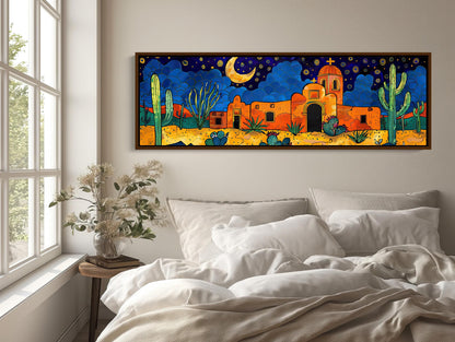 Mexican Desert , Southwest Saguaro canvas wall art shown above a bed