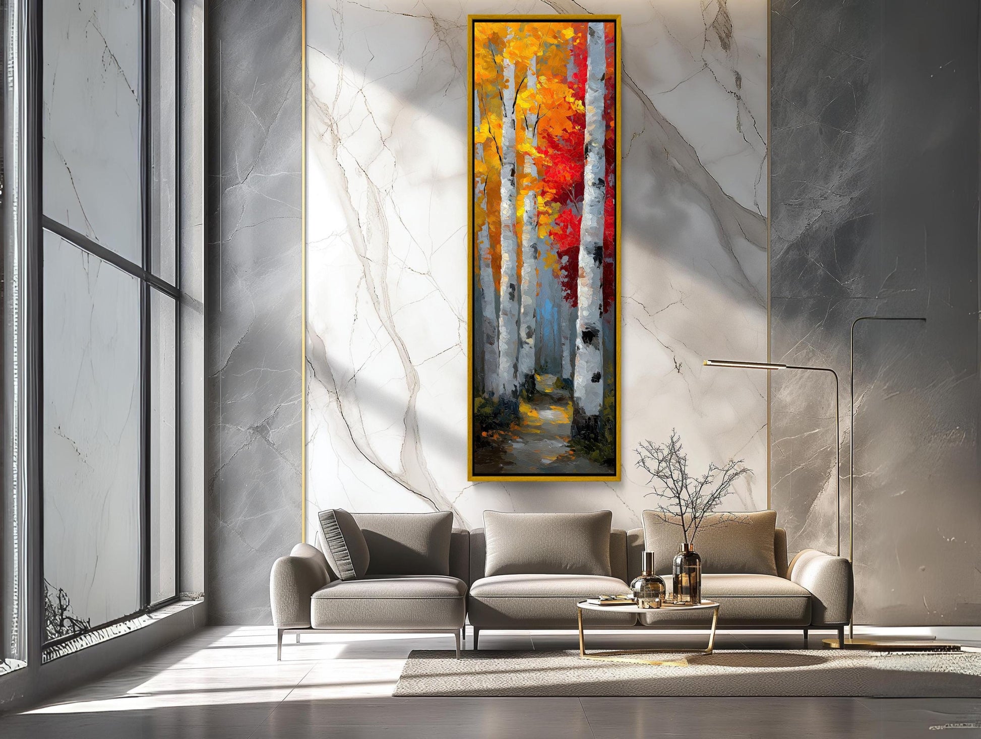 a living room with a couch and a painting on the wall