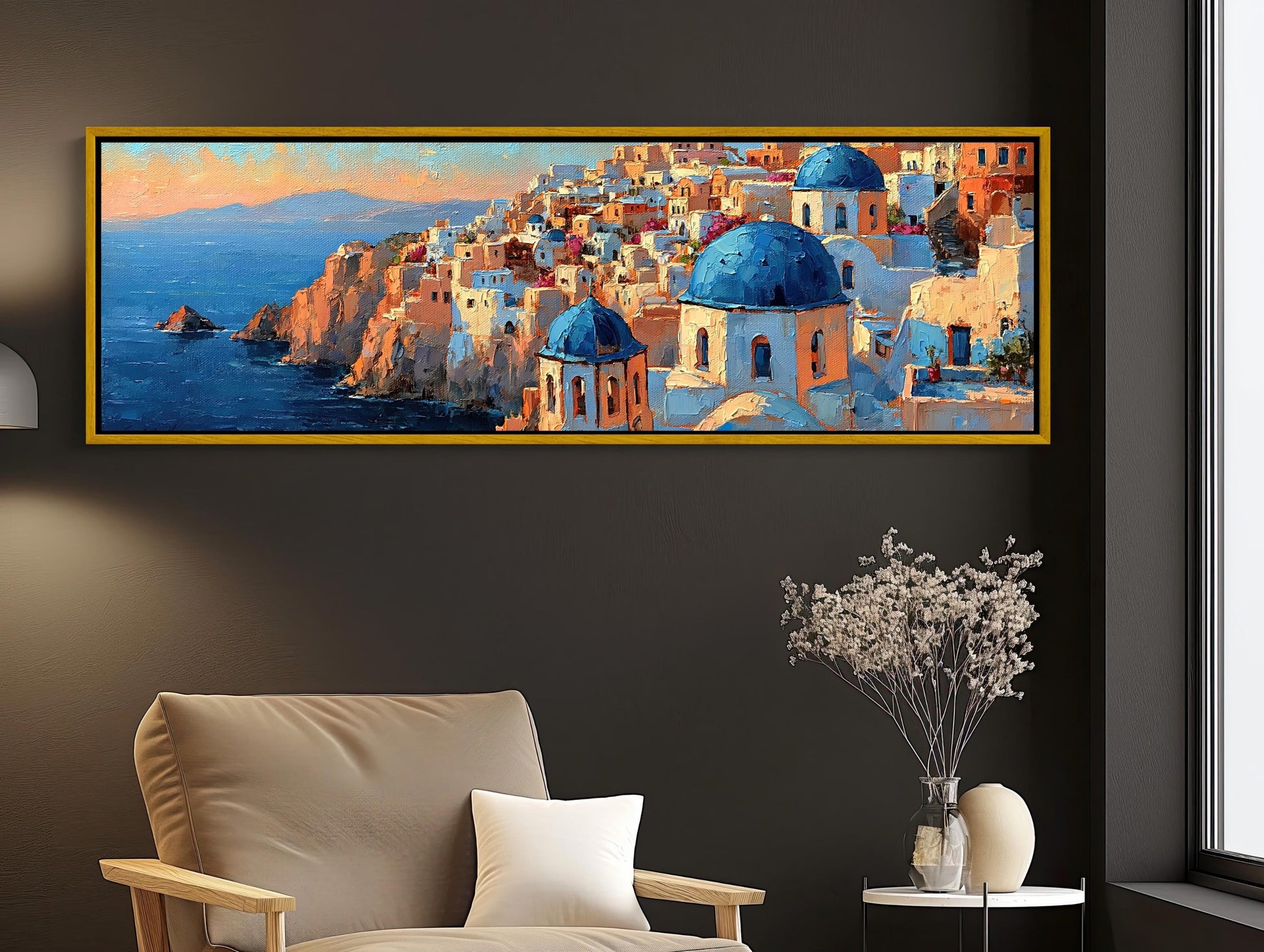 Santorini Cliffside Painting canvas wall art shown in a living room (view 3)