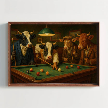 Cow Playing Pool Canvas - Humorous Farmhouse Wall Art | Rustic Game Room Decor - Antarmada