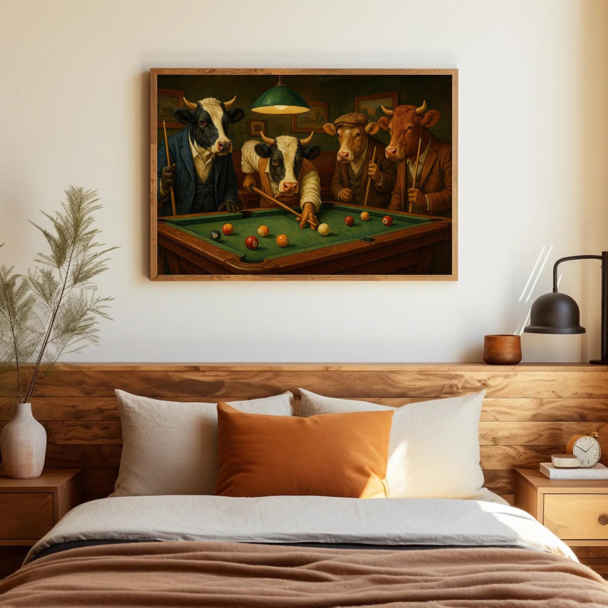 Cow Playing Pool Canvas - Humorous Farmhouse Wall Art | Rustic Game Room Decor - Antarmada